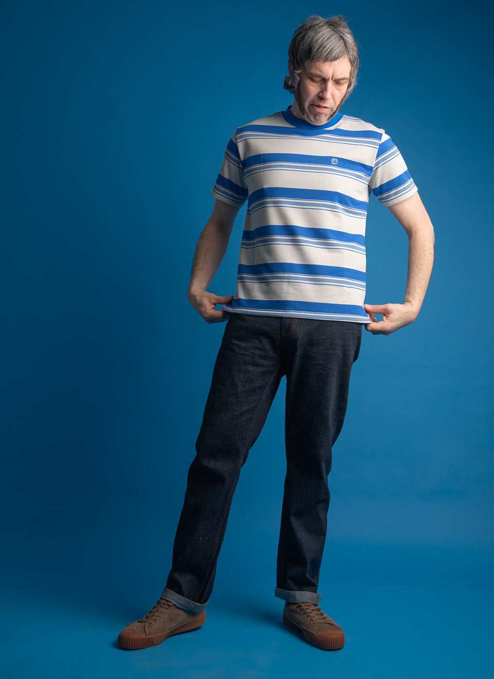 The Downing Summer Blue & Grey - 60s Surf Inspired Stripe 300g T-shirt By 66 Clothing