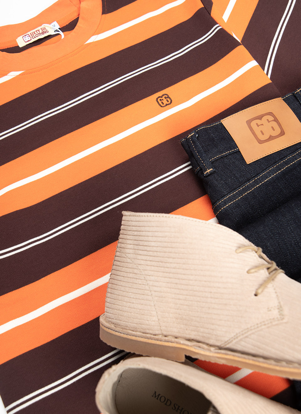The Downing Chocolate, Sunset Orange & Cream – 60s Surf Inspired Stripe 300g T-shirt By 66 Clothing