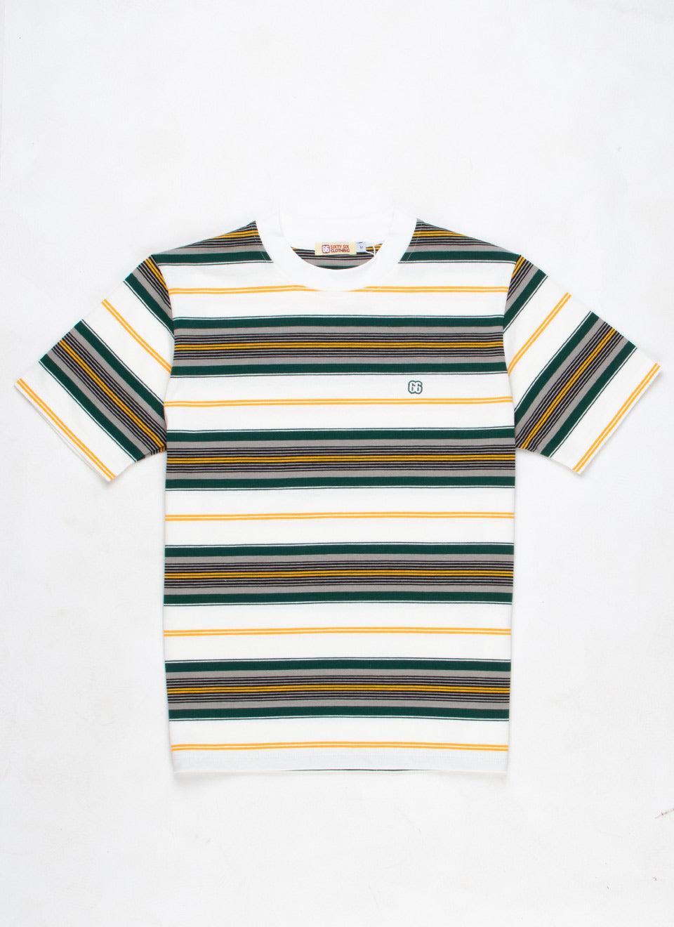 The Downing White with Green Grey Black Burnt Yellow Highlights - 60s Surf Inspired Stripe 300g T-shirt By 66 Clothing