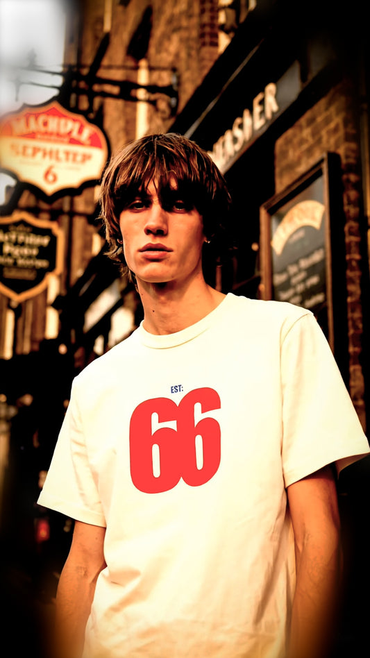 Est 66 Red Logo - Vintage White T-shirt - AceTee by 66 Clothing