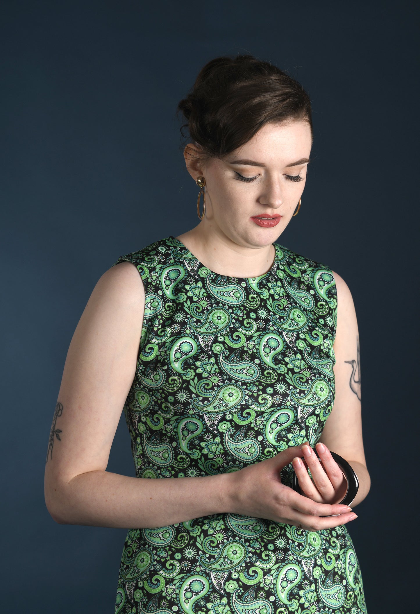 The ‘Lucy’ Dress in Green Paisley – UK Made 60’s Style Mod Dress