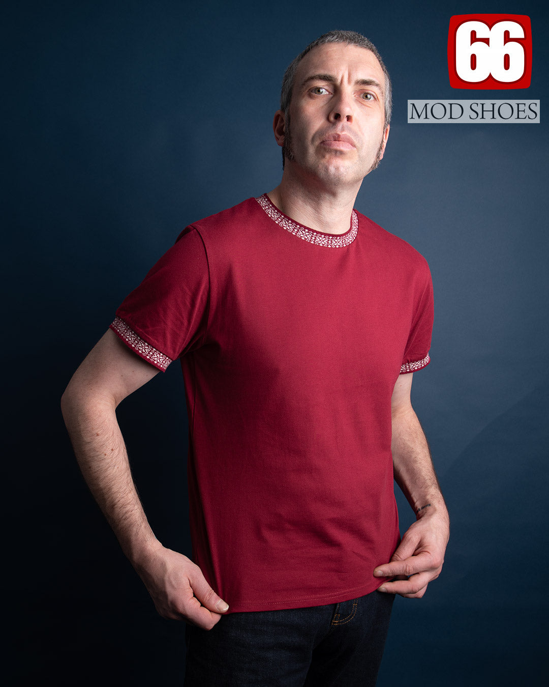 The "Help" - John Lennon (Beatles) Inspired - Burgundy Cream Short Sleeve Top By 66 Clothing