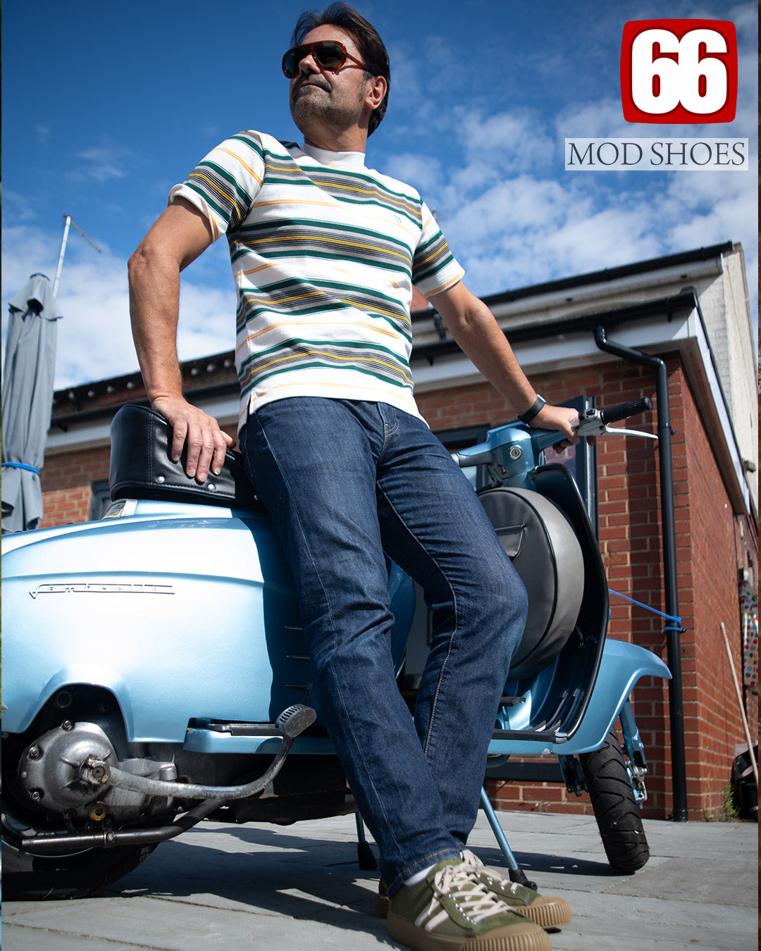 The Downing White with Green Grey Black Burnt Yellow Highlights - 60s Surf Inspired Stripe 300g T-shirt By 66 Clothing
