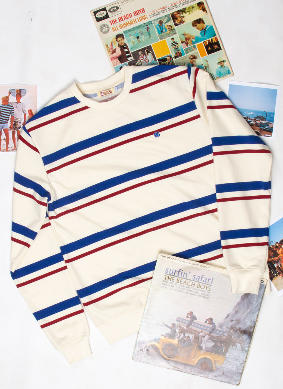 The Sutherland Vintage White Red & Blue - 60s Surf Inspired Stripe 330g Sweatshirt By 66 Clothing