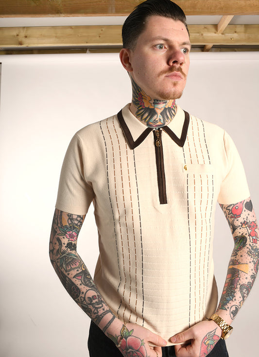 Modshoes Exclusive Gabicci Vintage - The Cal In Latte and Chocolate - Short Sleeve Knit Polo