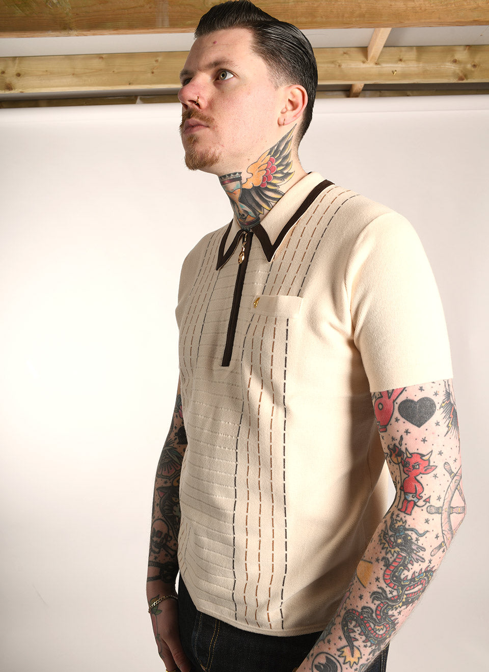 Modshoes Exclusive Gabicci Vintage - The Cal In Latte and Chocolate - Short Sleeve Knit Polo