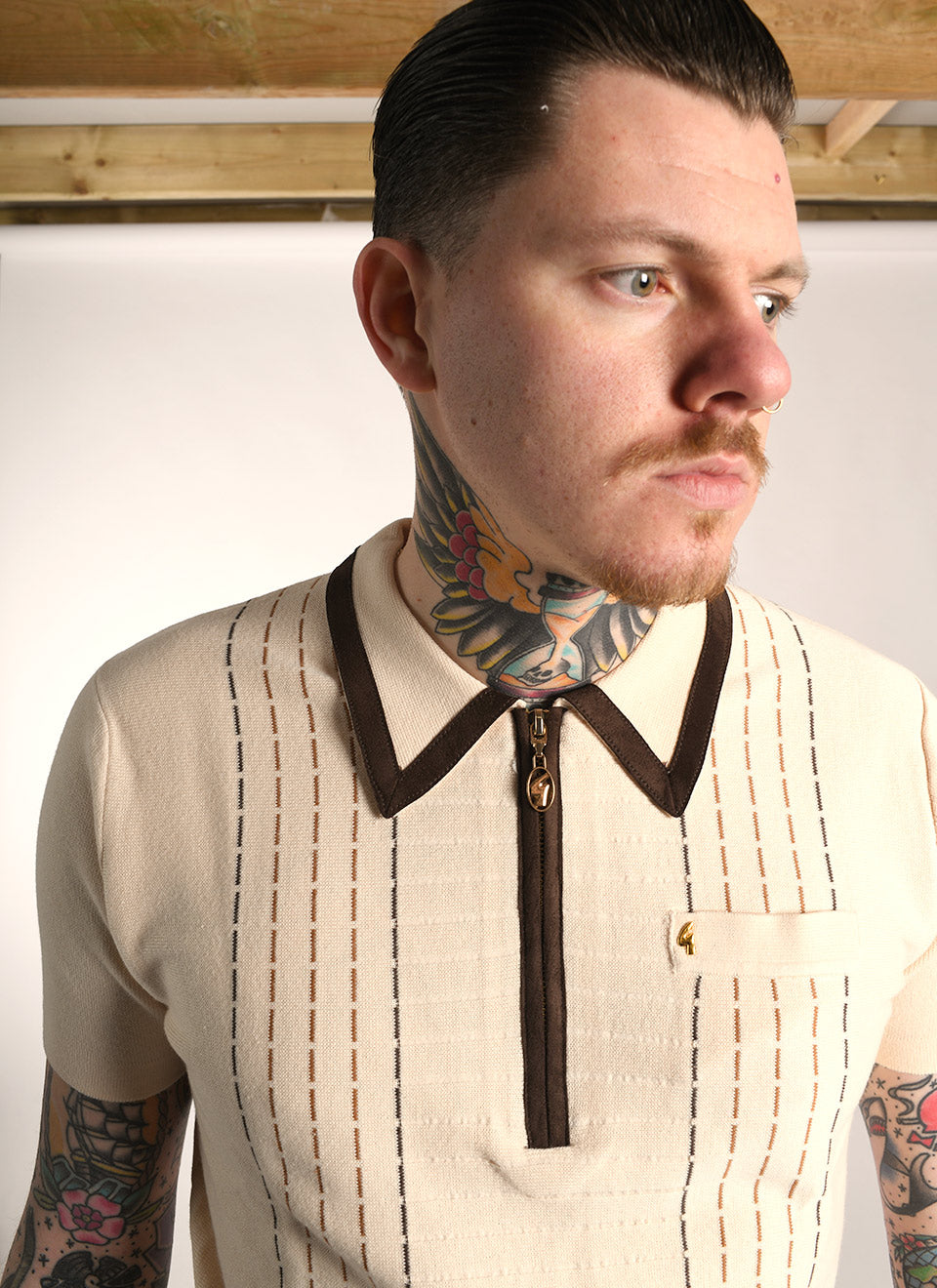 Modshoes Exclusive Gabicci Vintage - The Cal In Latte and Chocolate - Short Sleeve Knit Polo