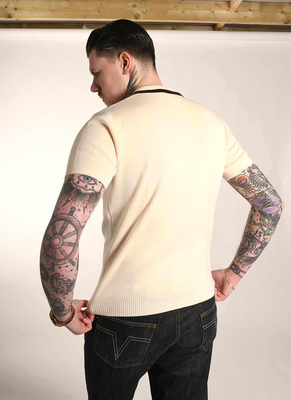 Modshoes Exclusive Gabicci Vintage - The Cal In Latte and Chocolate - Short Sleeve Knit Polo