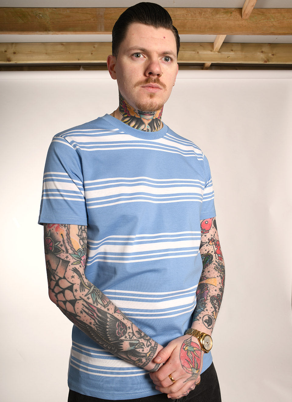 'On Campus' T-Shirt - Sky Blue and White Stripe Surf Inspired By 66 Clothing Made In UK