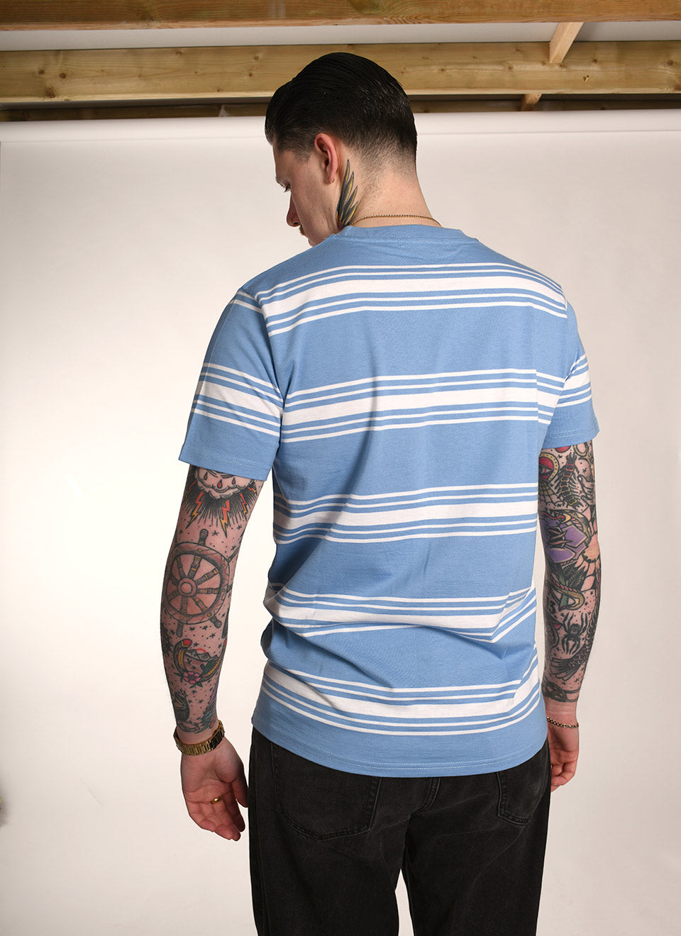 'On Campus' T-Shirt - Sky Blue and White Stripe Surf Inspired By 66 Clothing Made In UK