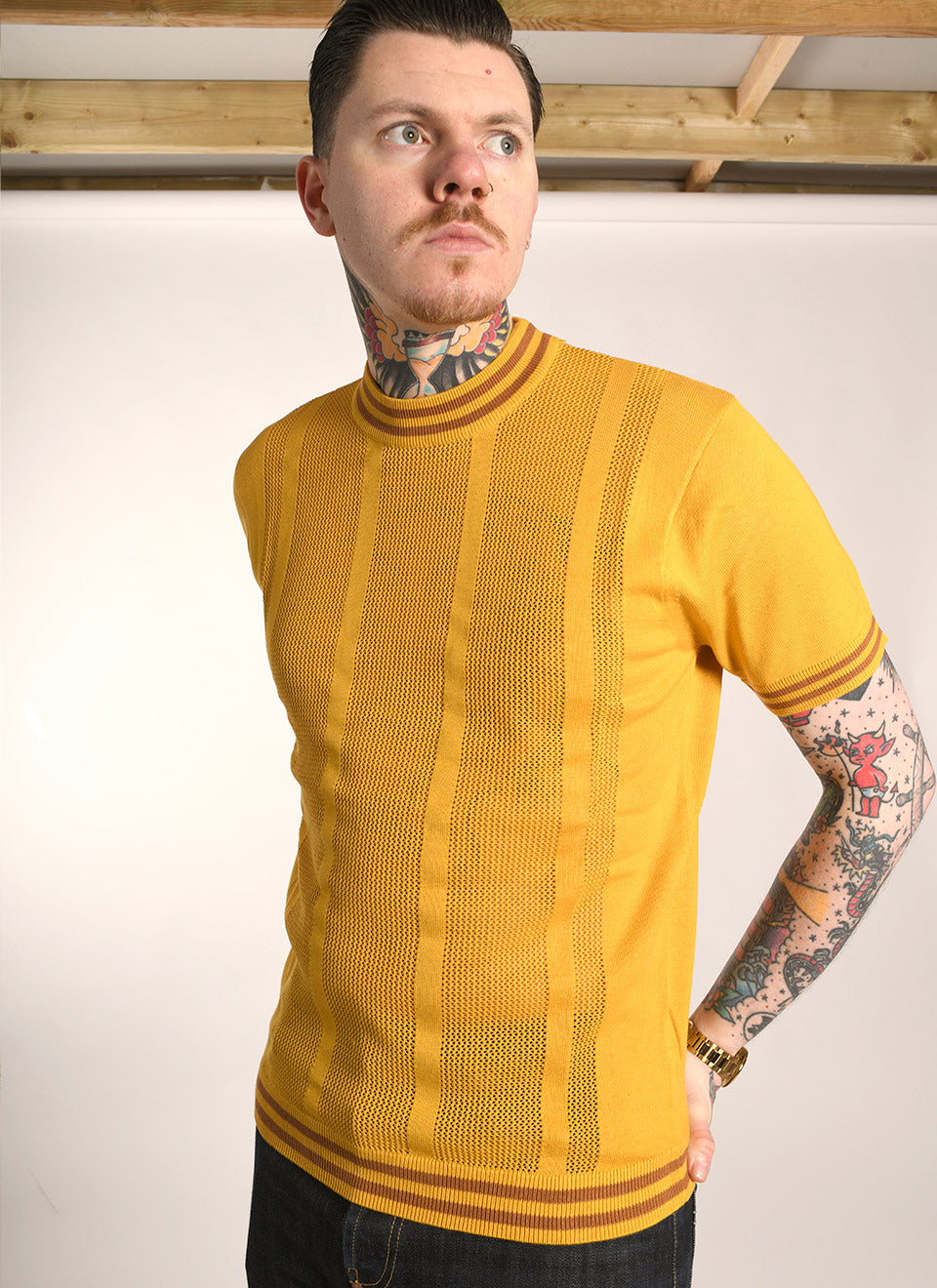 The Carl- Golden Sun & Pecan Stripe Crew Neck by 66 Clothing