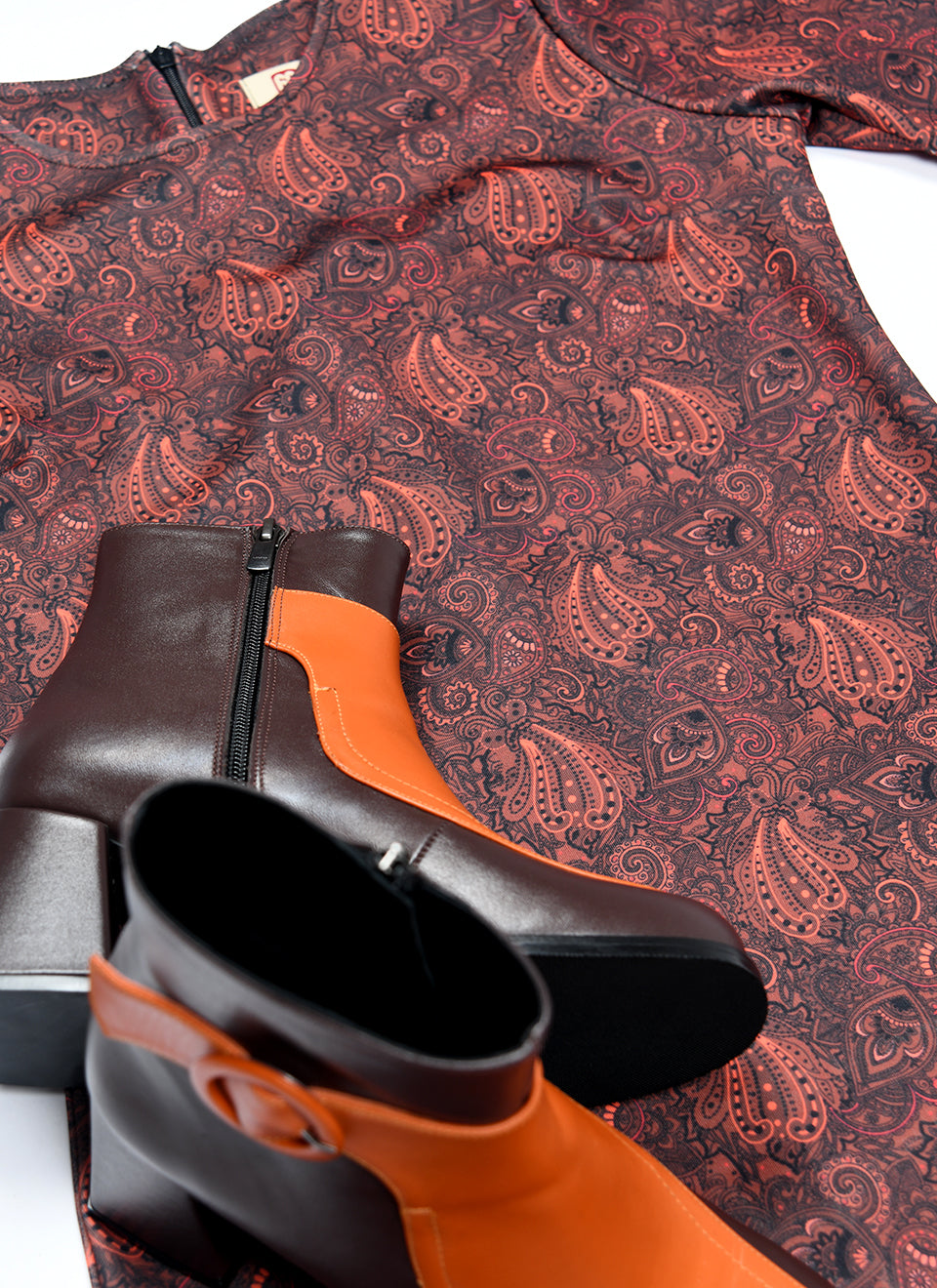 The 'Carly' Dress in Chocolate and Orange Paisley - UK Made 60's Style Mod Dress