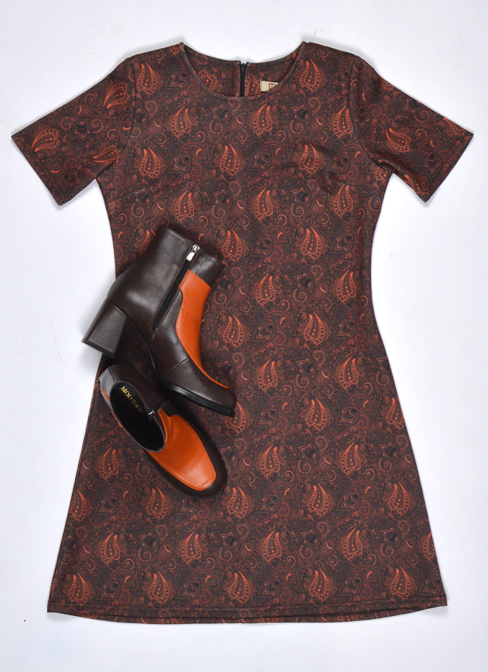 The 'Carly' Dress in Chocolate and Orange Paisley - UK Made 60's Style Mod Dress