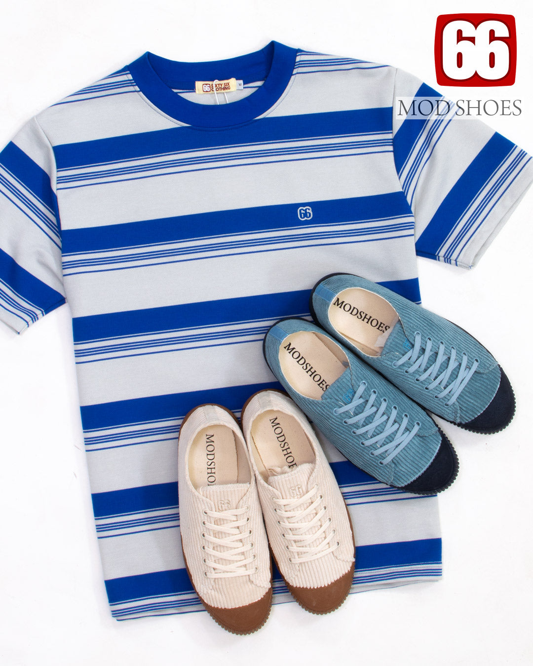 The Downing Summer Blue & Grey - 60s Surf Inspired Stripe 300g T-shirt By 66 Clothing