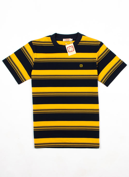 The Downing Navy & Sunset Yellow  - 60s Surf Inspired Stripe 300g T-shirt by 66Clothing