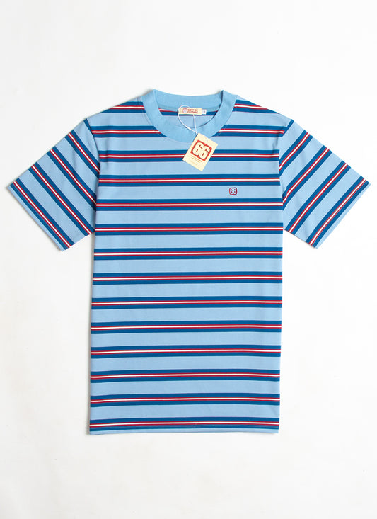 The Downing 2 Shades Of Blue & Dark Red  - 60s Surf Inspired Stripe 300g T-shirt by 66Clothing