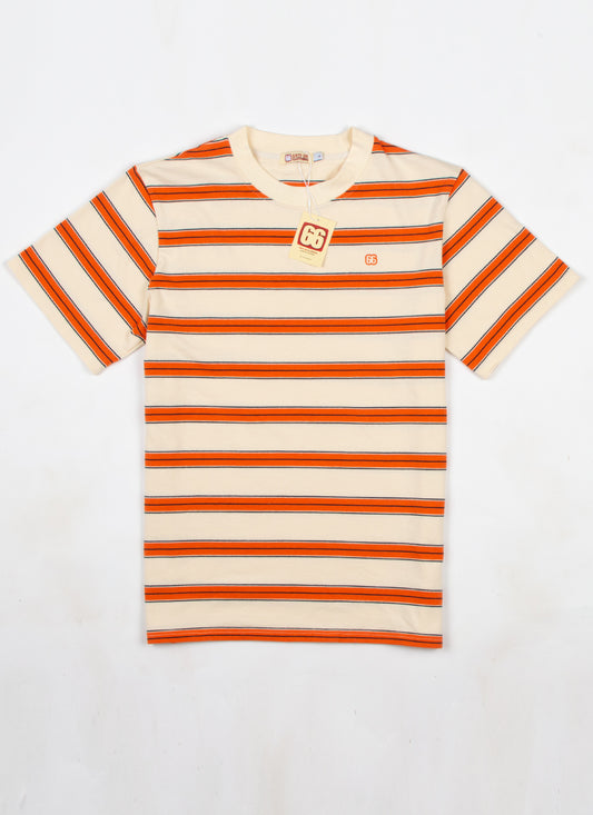 The Downing Cream Sunset Orange & Navy  - 60s Surf Inspired Stripe 300g T-shirt by 66Clothing
