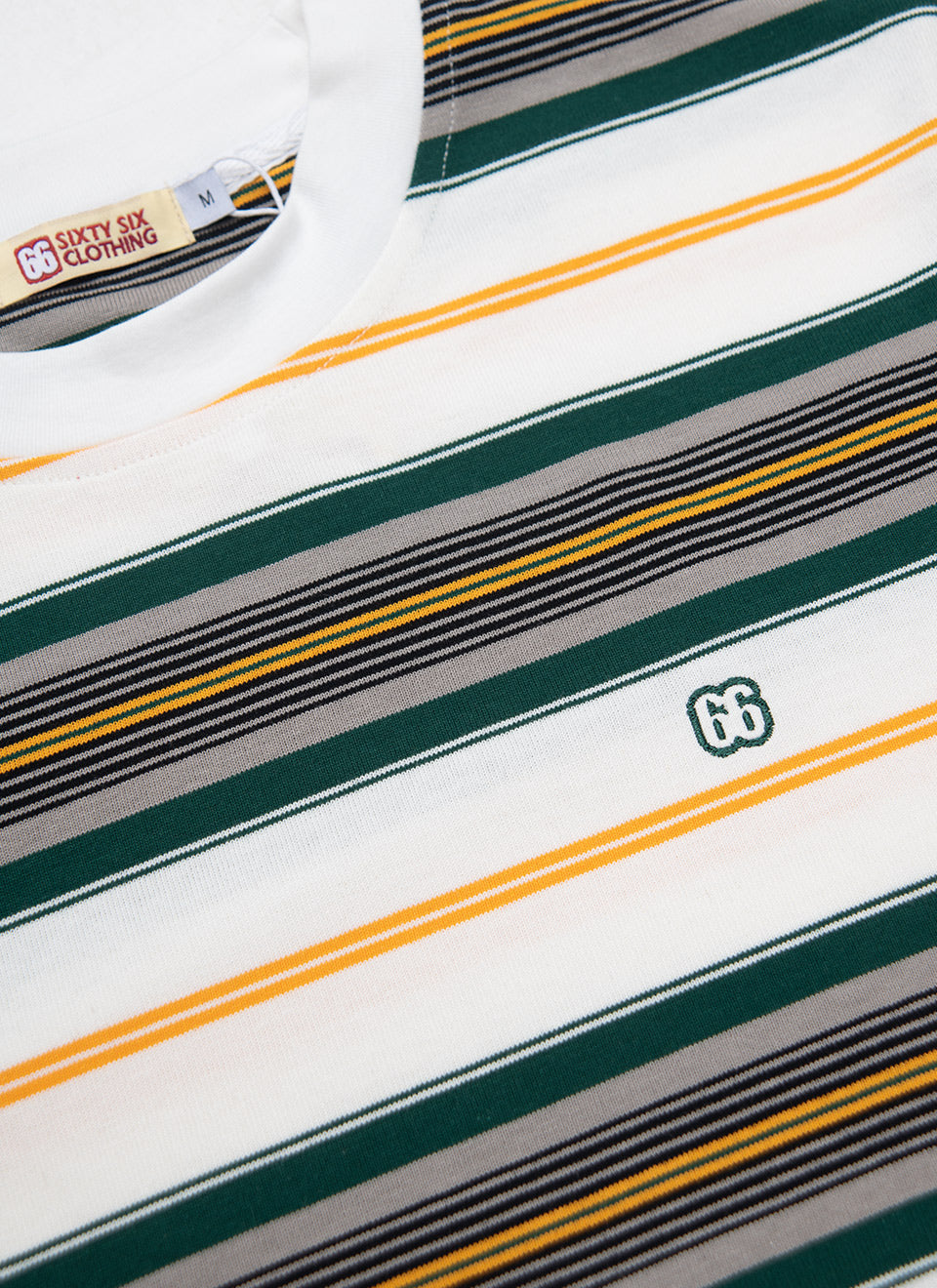 The Downing White with Green Grey Black Burnt Yellow Highlights - 60s Surf Inspired Stripe 300g T-shirt By 66 Clothing