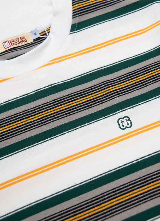 The Downing White with Green Grey Black Burnt Yellow Highlights - 60s Surf Inspired Stripe 300g T-shirt By 66 Clothing