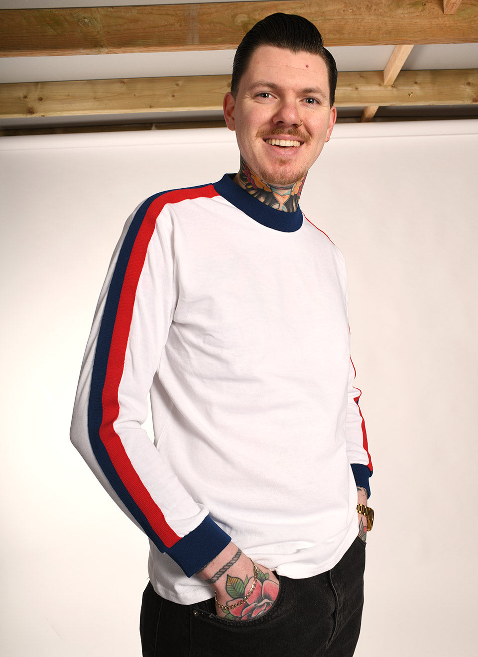 The ‘Euro’ Top White – Red Blue Stripe Long Sleeve By 66 Clothing Made In UK