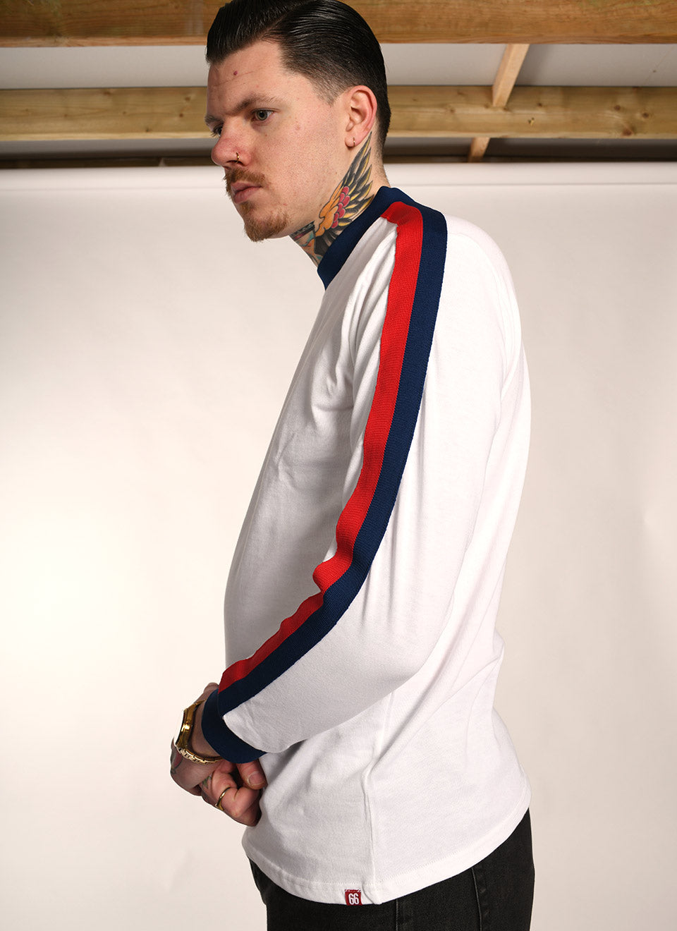 The ‘Euro’ Top White – Red Blue Stripe Long Sleeve By 66 Clothing Made In UK