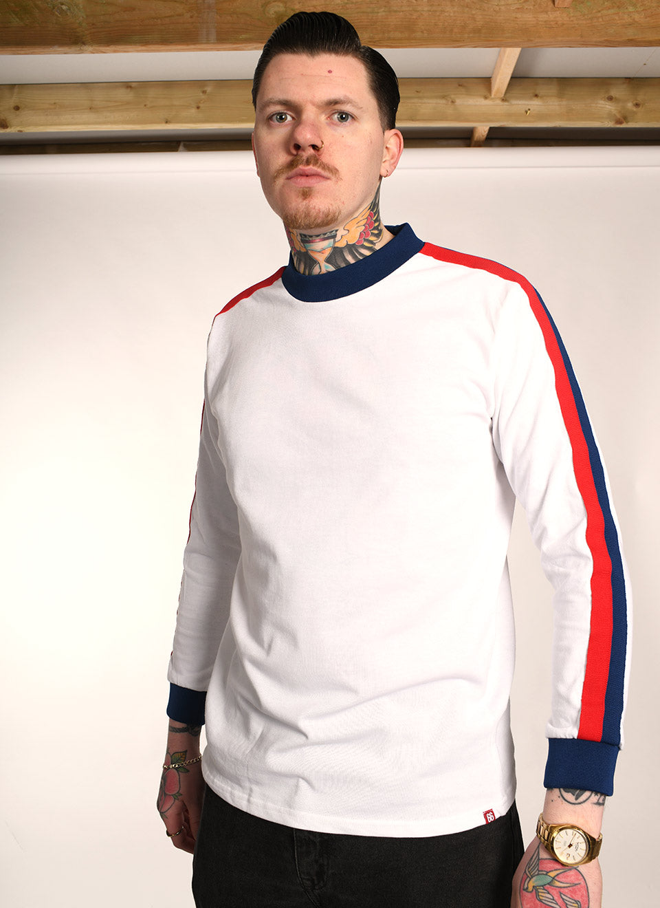 The ‘Euro’ Top White – Red Blue Stripe Long Sleeve By 66 Clothing Made In UK