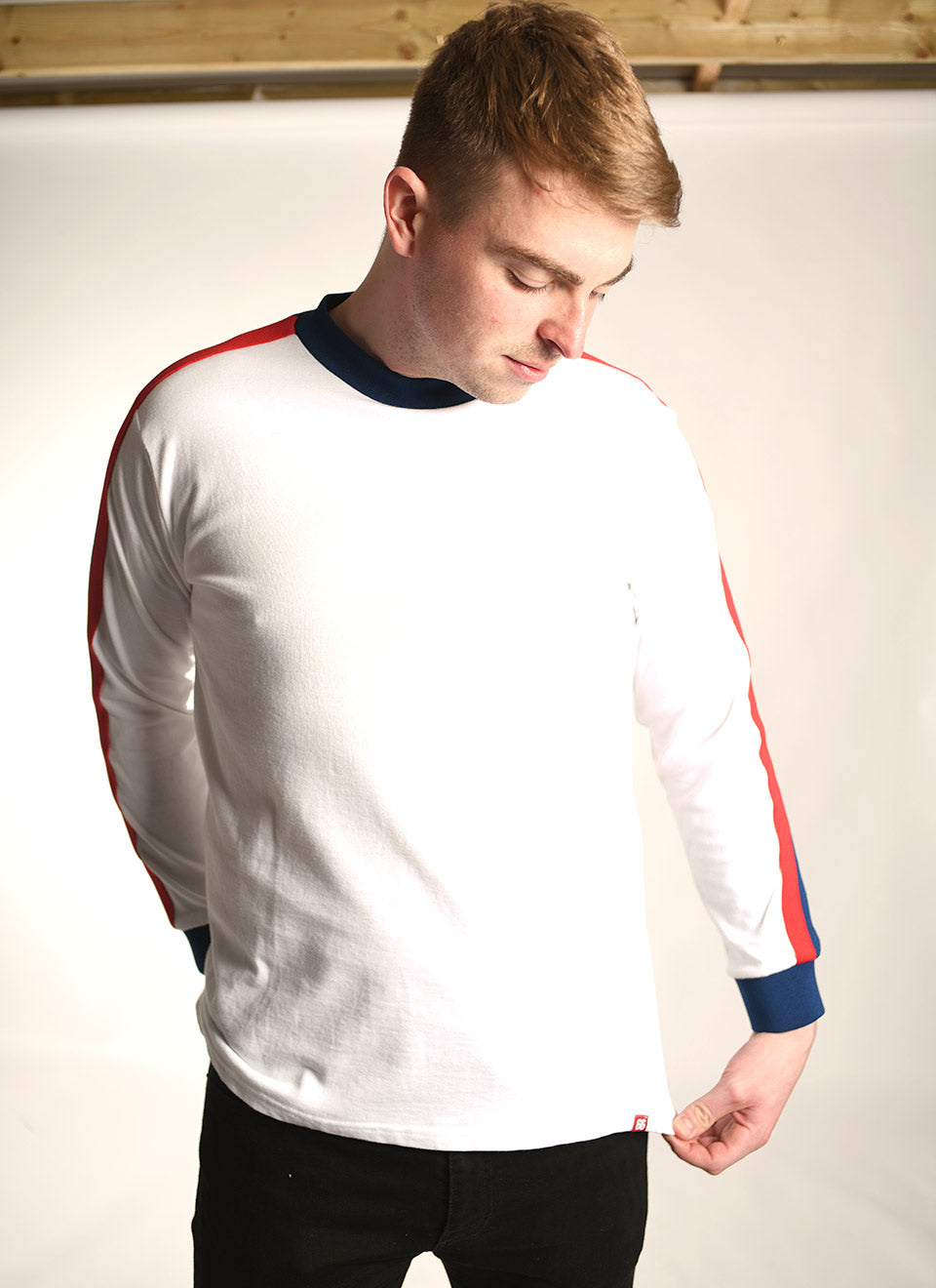 The ‘Euro’ Top White – Red Blue Stripe Long Sleeve By 66 Clothing Made In UK