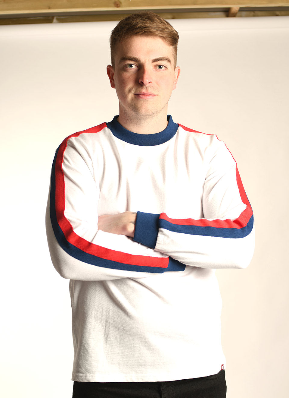 The ‘Euro’ Top White – Red Blue Stripe Long Sleeve By 66 Clothing Made In UK