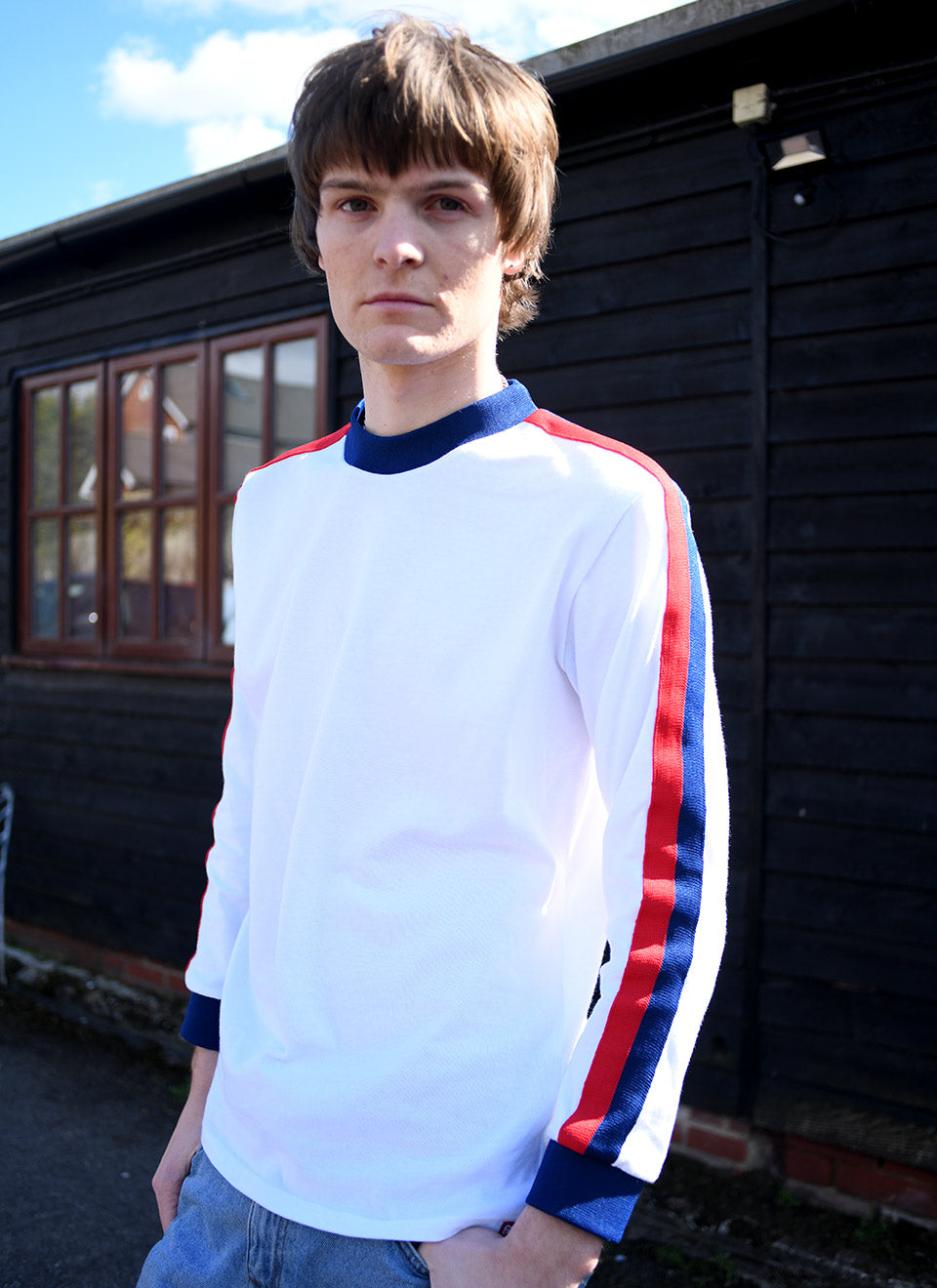 The ‘Euro’ Top White – Red Blue Stripe Long Sleeve By 66 Clothing Made In UK