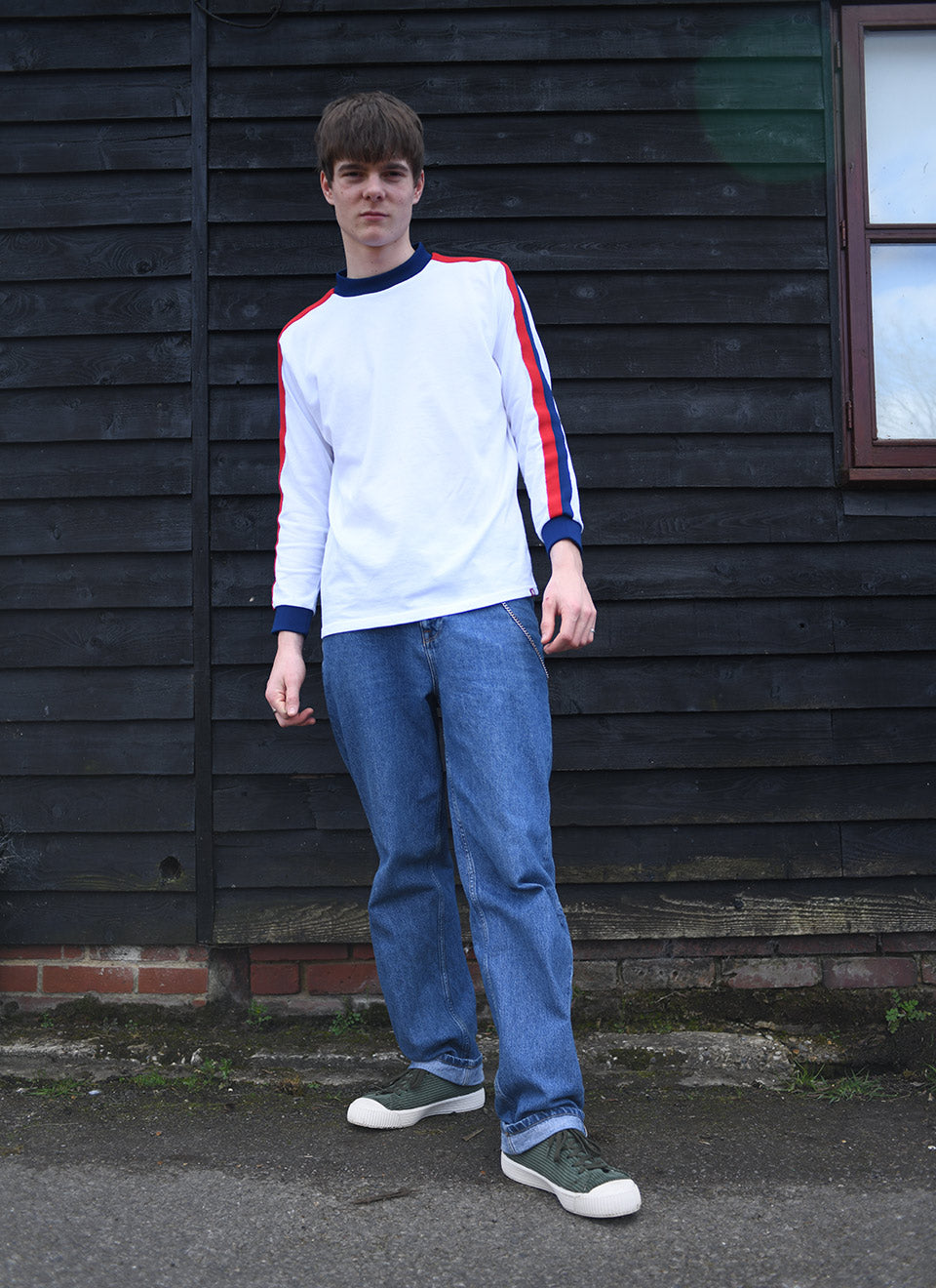 The ‘Euro’ Top White – Red Blue Stripe Long Sleeve By 66 Clothing Made In UK