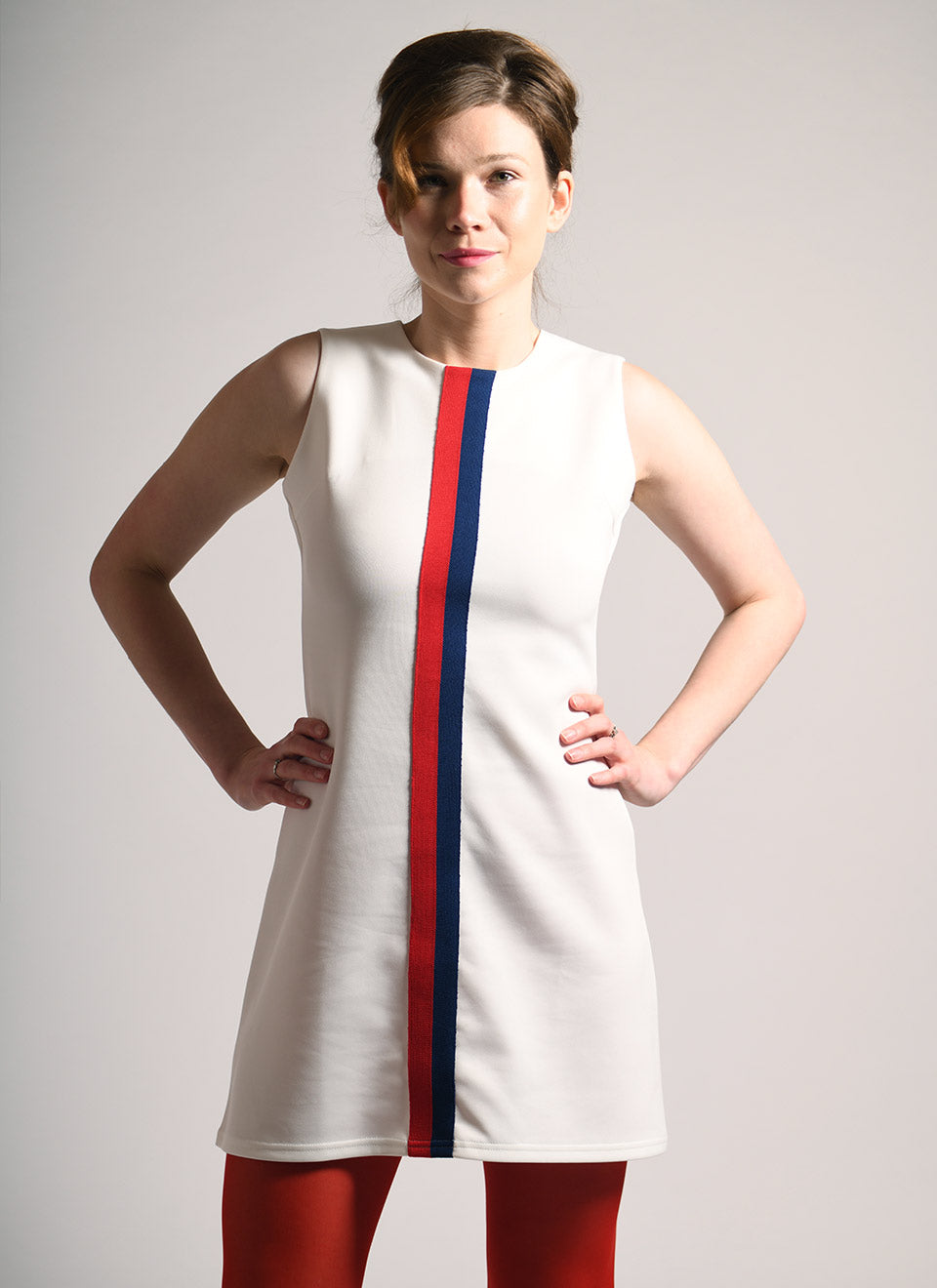 The 'Lucy' Dress in Cream with Red Blue Stripe - UK Made 60's Style Mod Dress