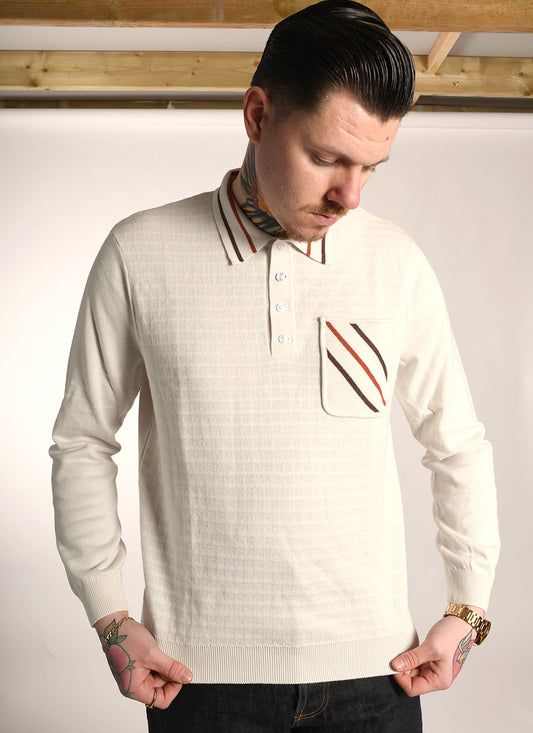 The 'Marcel' Cream - 60's 70's Long Sleeve Knit Polo