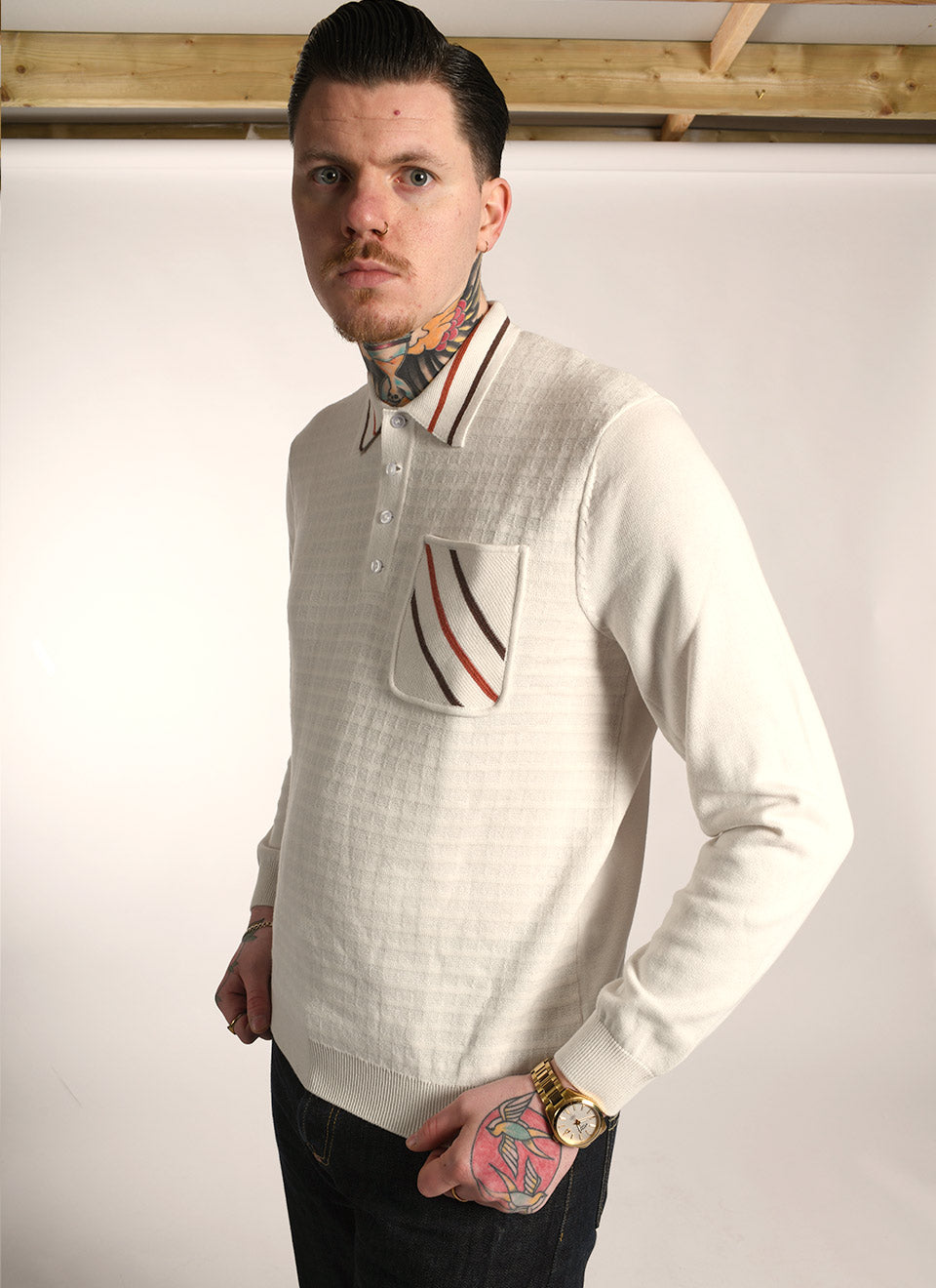 The 'Marcel' Cream - 60's 70's Long Sleeve Knit Polo