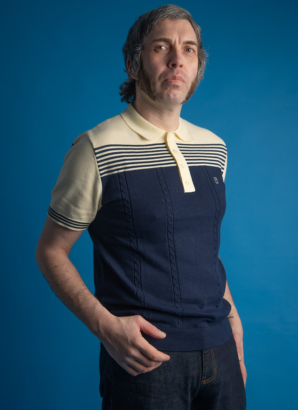 The Michael - Blue & Cream Knit Polo By 66 Clothing