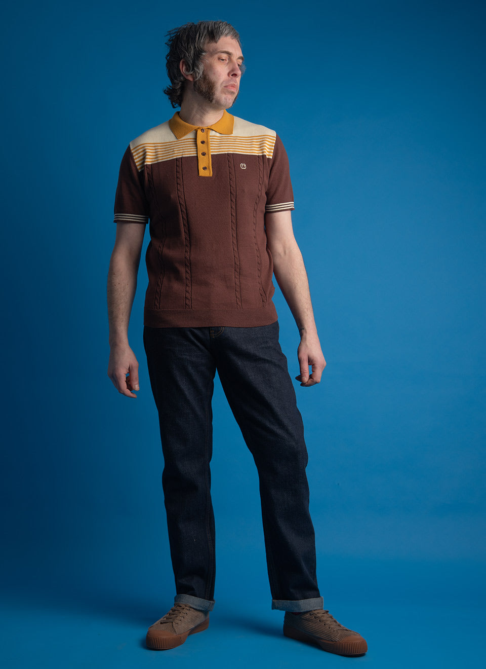 The Michael - Chocolate, Butterscotch & Cream Knit Polo By 66 Clothing