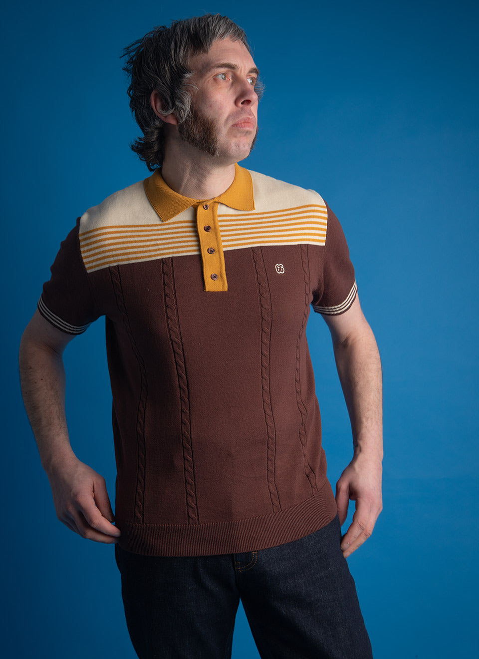 The Michael - Chocolate, Butterscotch & Cream Knit Polo By 66 Clothing