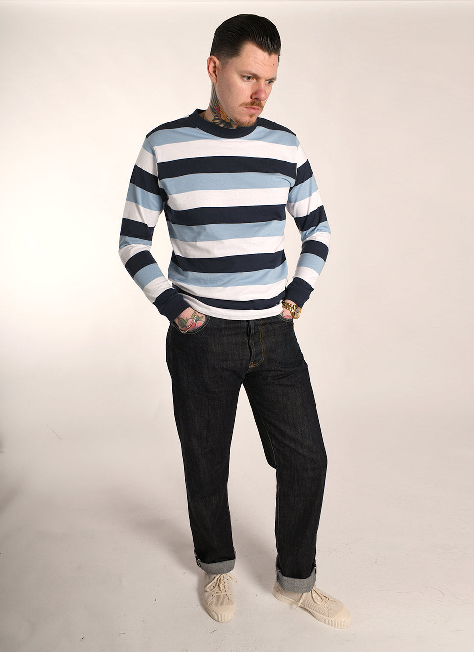 'On Campus' Long Sleeve - Townshend Blue Colours Stripe Surf Inspired By 66 Clothing Made In UK