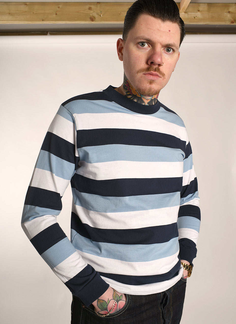 'On Campus' Long Sleeve - Townshend Blue Colours Stripe Surf Inspired By 66 Clothing Made In UK