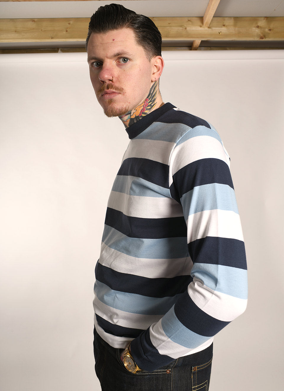 'On Campus' Long Sleeve - Townshend Blue Colours Stripe Surf Inspired By 66 Clothing Made In UK