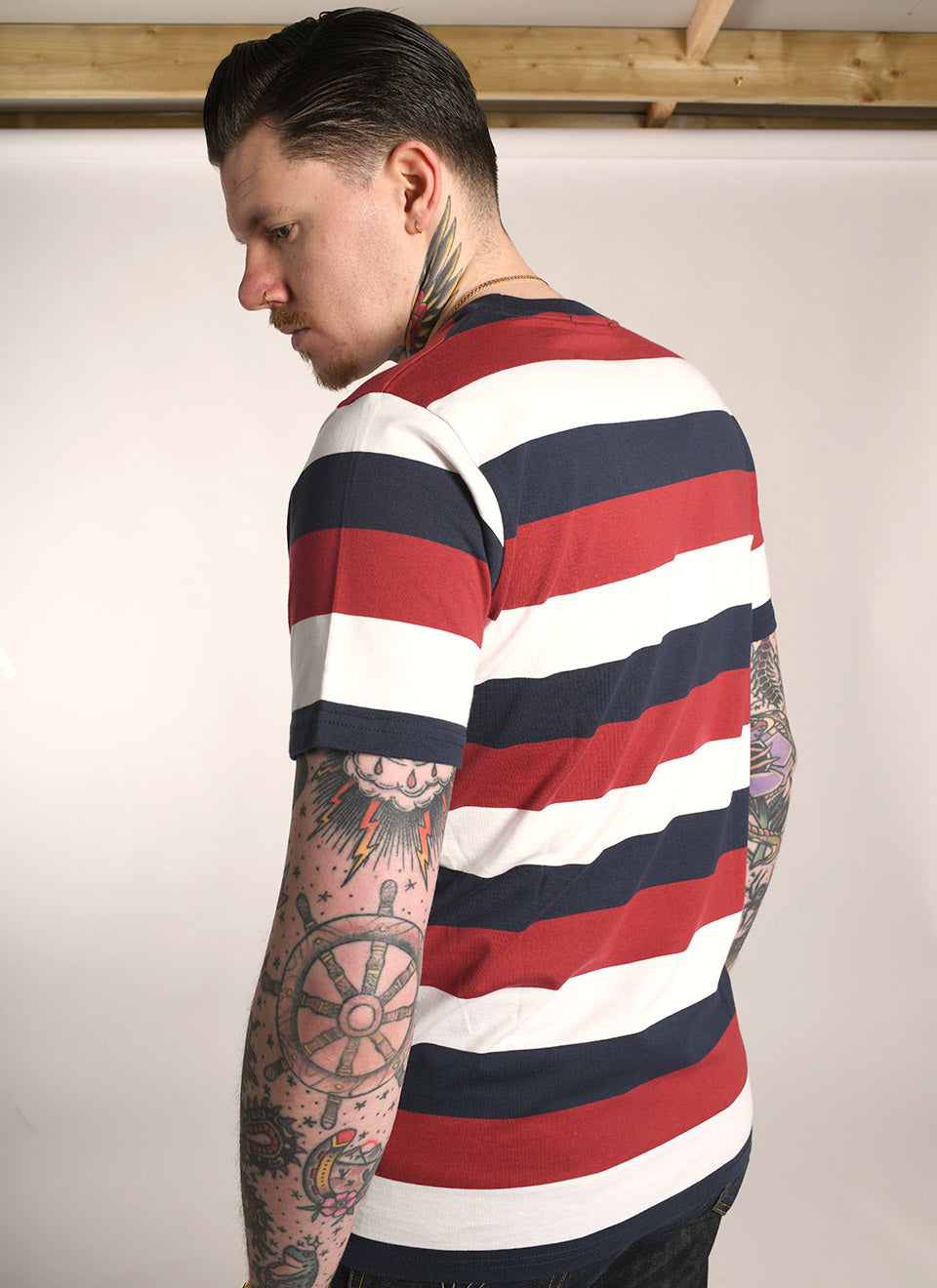 'On Campus' T-Shirt - Maroon Navy & White Stripe Surf Inspired By 66 Clothing Made In UK