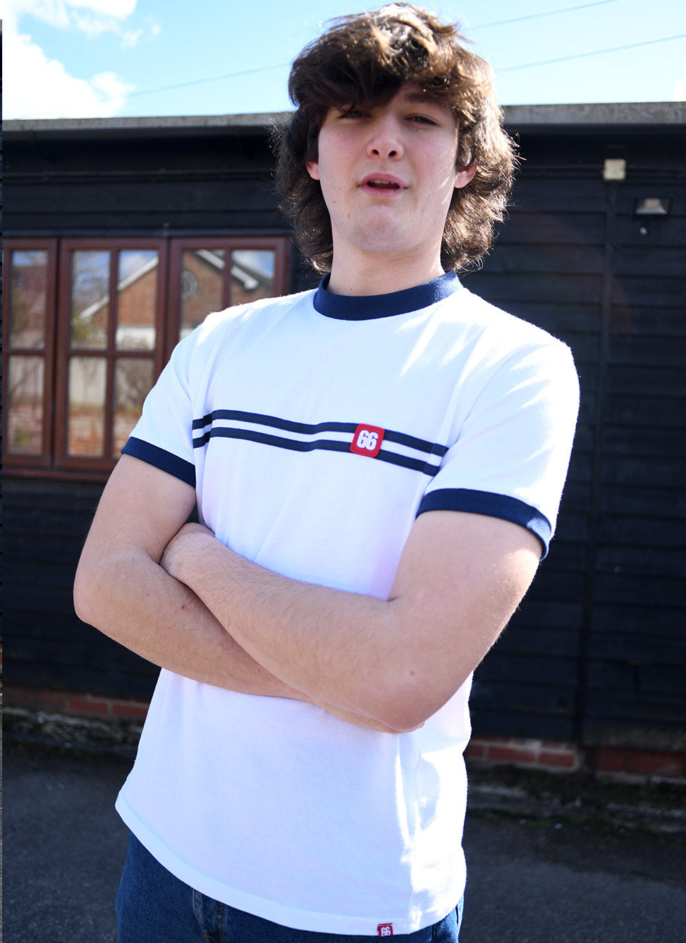 White and Blue Horizontal Stripe “Racer” T-Shirt By 66 Clothing Made In UK