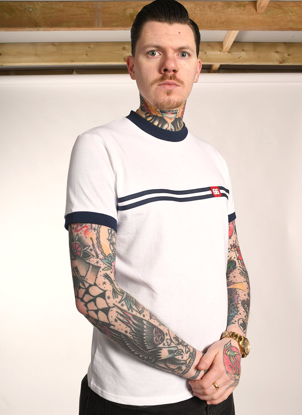 White and Blue Horizontal Stripe “Racer” T-Shirt By 66 Clothing Made In UK