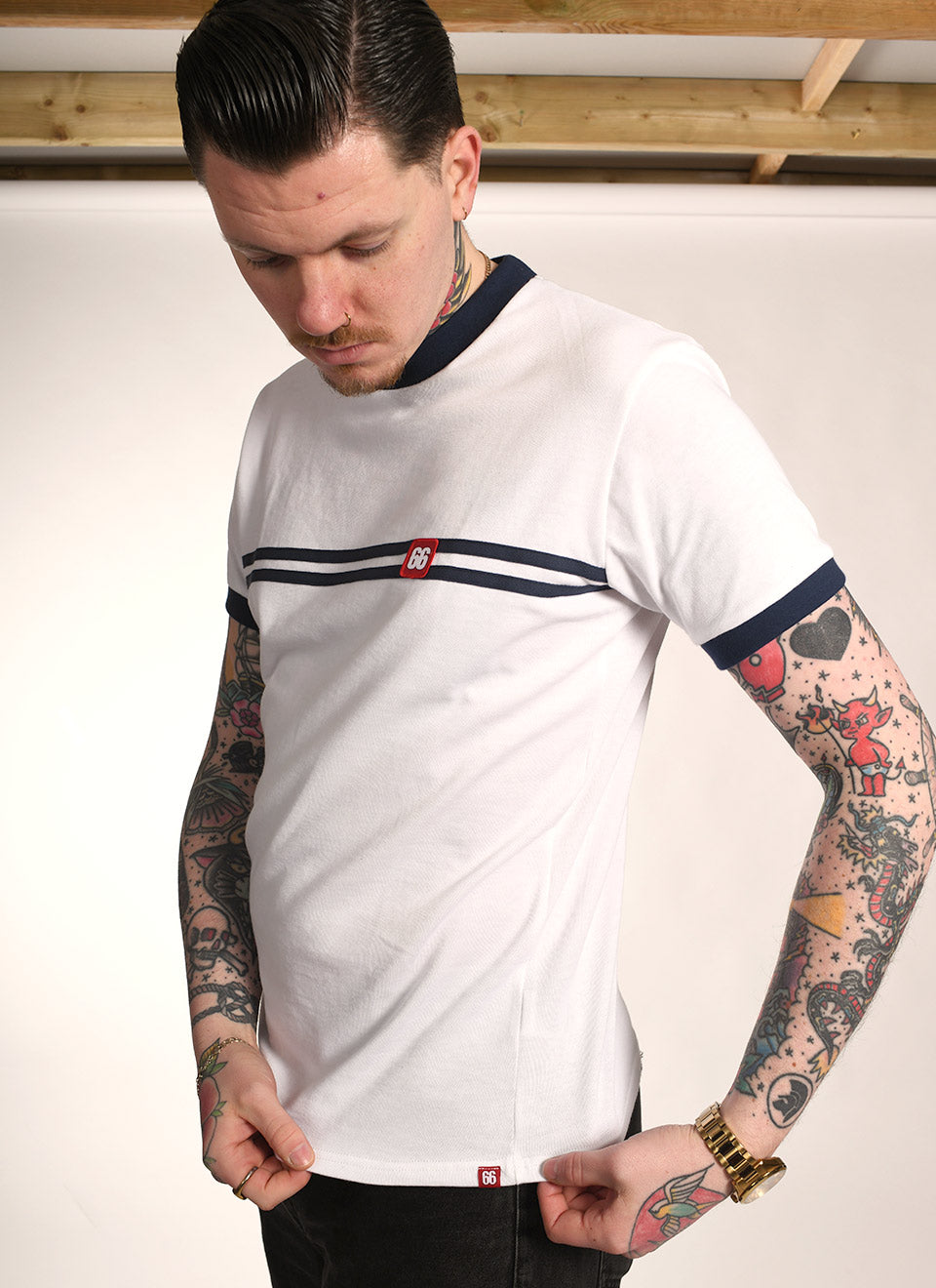 White and Blue Horizontal Stripe “Racer” T-Shirt By 66 Clothing Made In UK