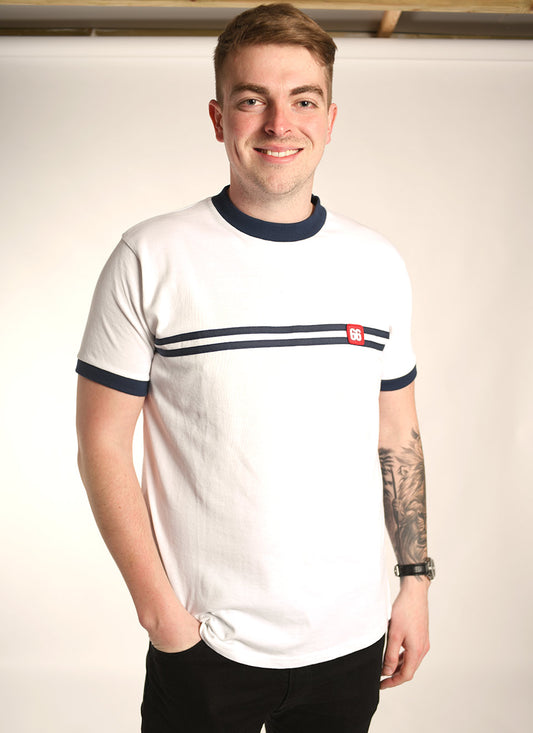 White and Blue Horizontal Stripe “Racer” T-Shirt By 66 Clothing Made In UK