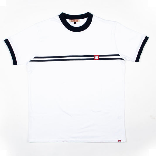 White and Blue Horizontal Stripe “Racer” T-Shirt By 66 Clothing Made In UK