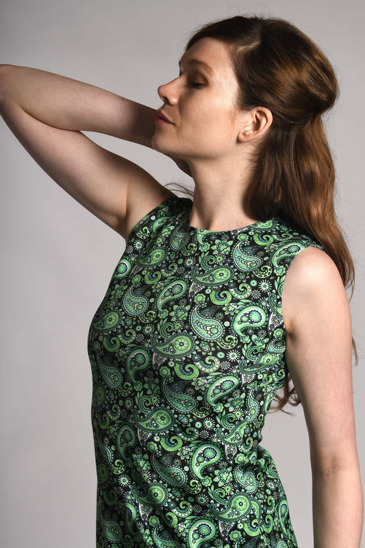 The ‘Lucy’ Dress in Green Paisley – UK Made 60’s Style Mod Dress