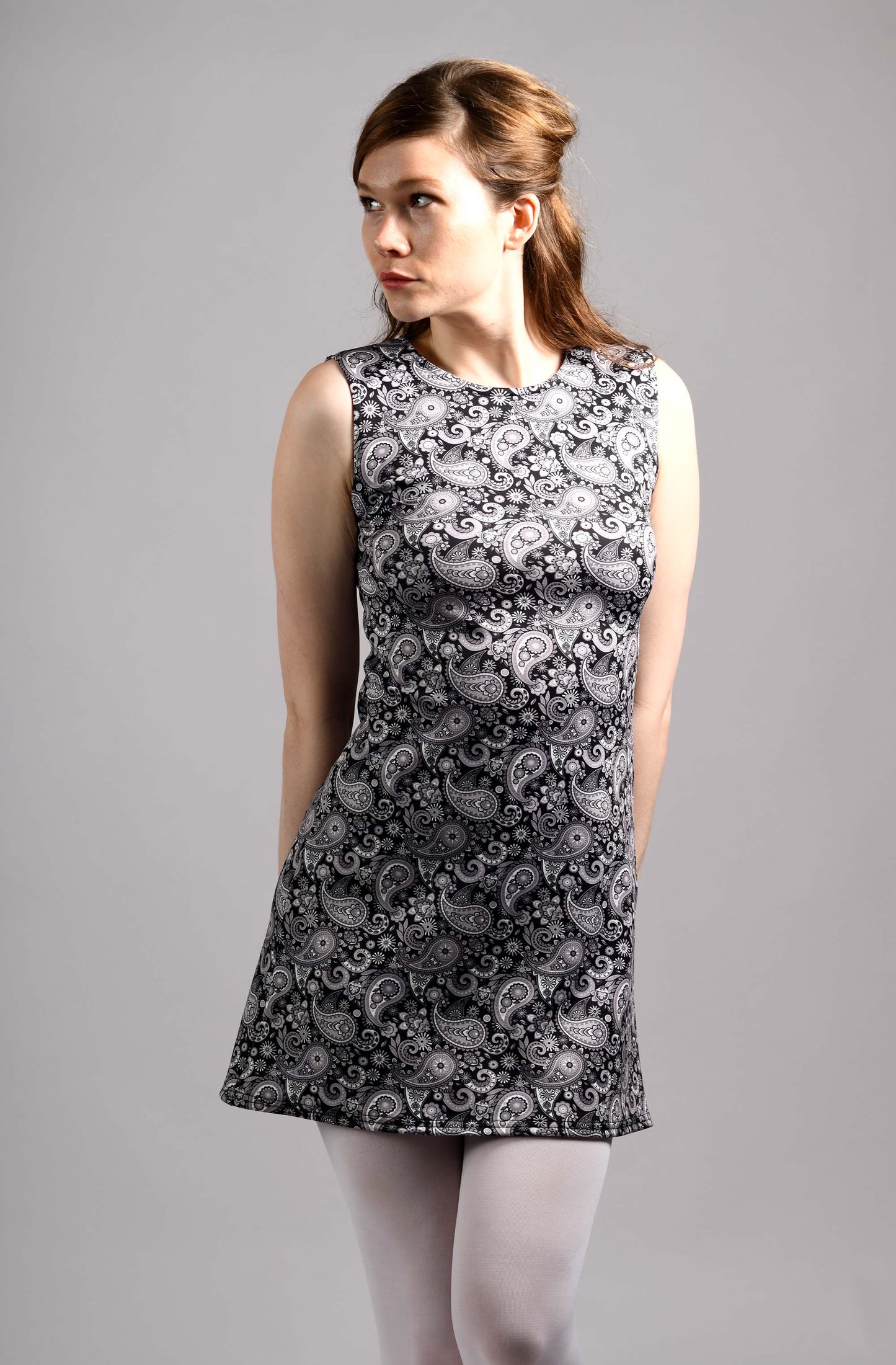 The 'Lucy' Dress in Black and White Paisley - UK Made 60's Style Women's Mod Dress