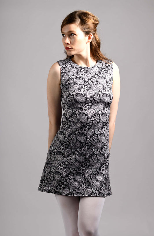 The 'Lucy' Dress in Black and White Paisley - UK Made 60's Style Women's Mod Dress