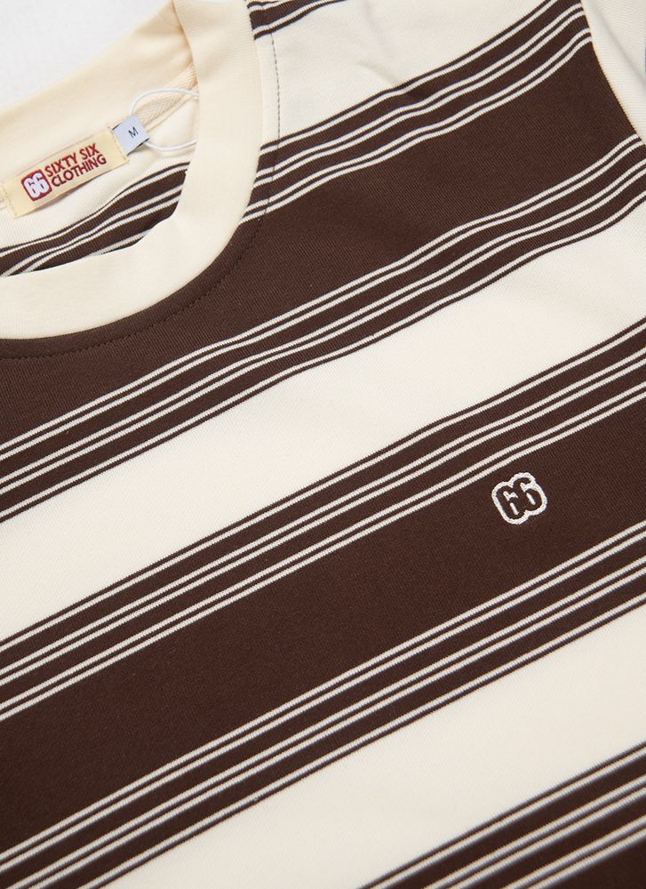 The Downing Choc Brown & Cream - 60s Surf Inspired Stripe 300g T-shirt By 66 Clothing