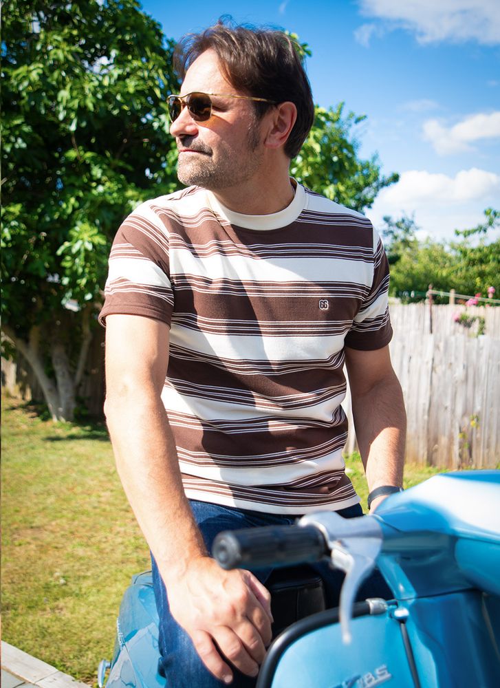 The Downing Choc Brown & Cream - 60s Surf Inspired Stripe 300g T-shirt By 66 Clothing